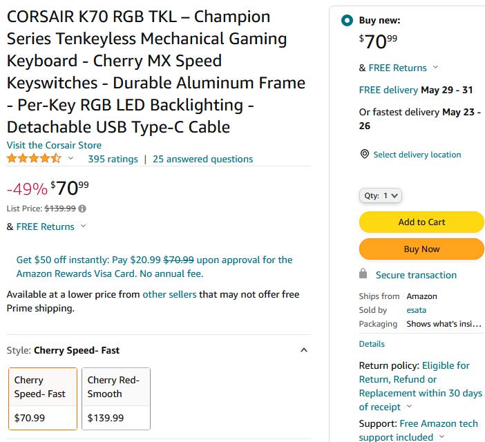 史低价！CORSAIR K70 RGB TKL机械键盘 售价降至$76.99